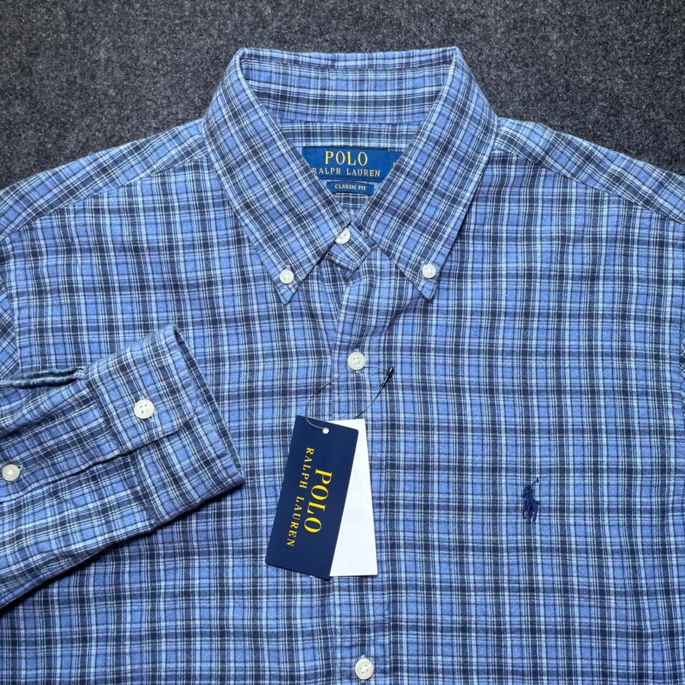 Polo Ralph Lauren Mens M Blue New Classic Fit Brushed Oxford Plaid Long Sleeve